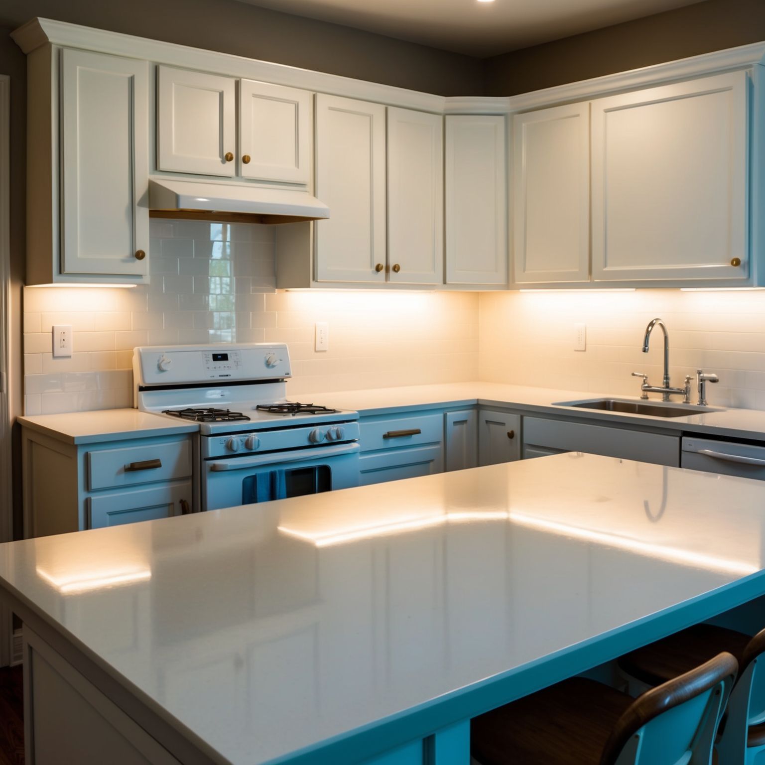Kitchen with white quartz countertops and blue cabinets